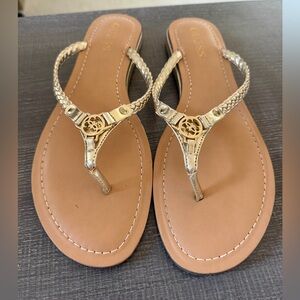 GUESS Gold Braided T-Strap Thong Sandals with Logo Medallion Size 10